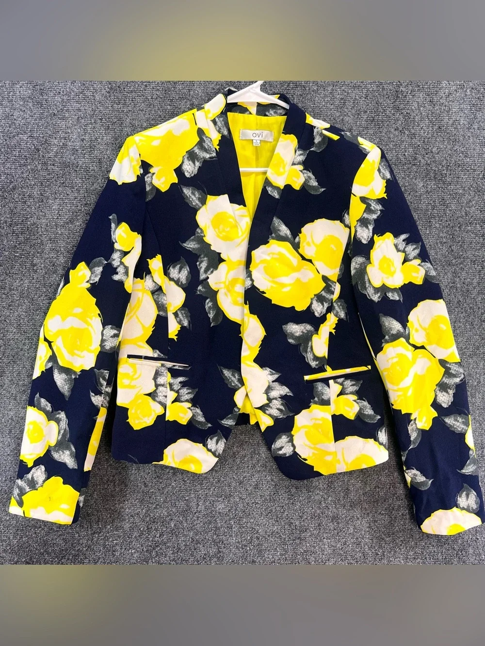 Ovi Open-Front Cropped Blazer Sz Large Navy Blue/Yellow Floral Print Career Work